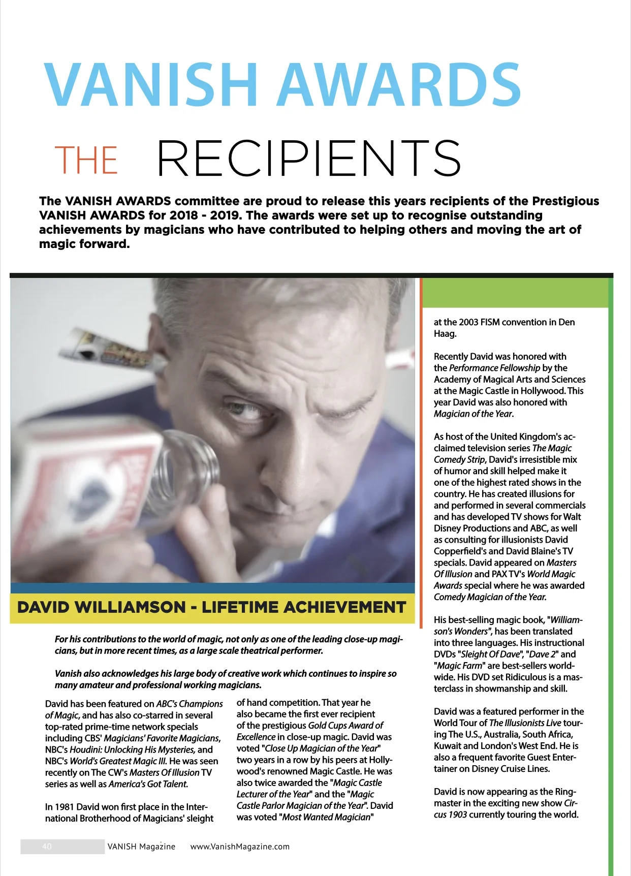 Lifetime Achievement recognition from vanish magazine