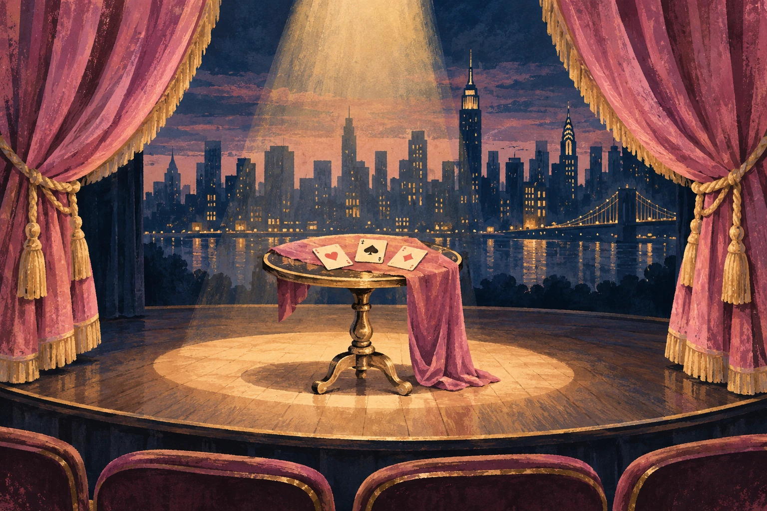 Editorial illustration of a magic benefit in a New York theatre.